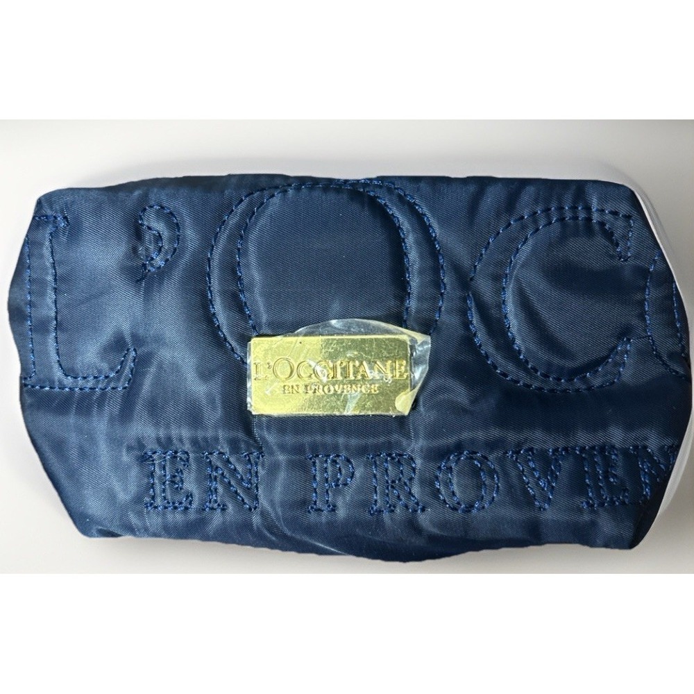L'OCCITANE Navy Blue Quilted Lined Logo ZIP Jewelry Travel Makeup Bag NWOT